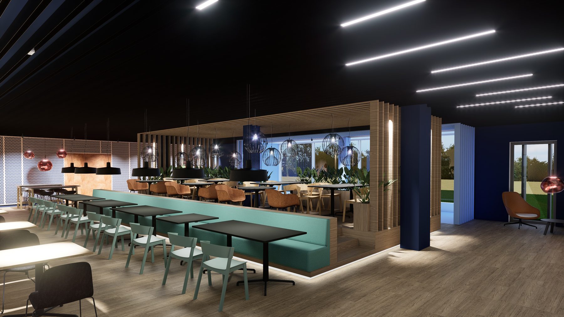 Rendering Lounge-Beleuchtung mit Holzlamellen-Pavillon und Pendelleuchten